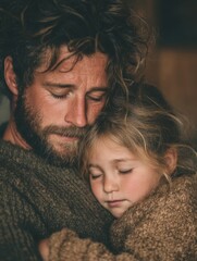 Heartwarming Portrait of Dad Carrying Sleeping Child in Cozy Setting
