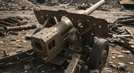 Old artillery gun on the battlefield, war concept.