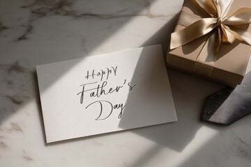 Father's Day Greeting Card Mockup with Gift Box and Tie on Marble Surface