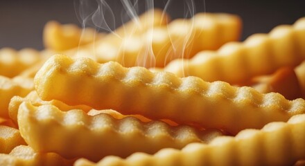 Close up of a pile of hot, crispy crinkle cut french fries.