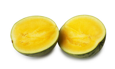 Halves of ripe yellow watermelon isolated on white