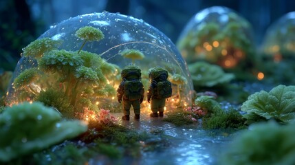Enchanted Fantasy City with Father and Child Exploring Lush Green Environment