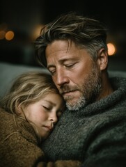 Tender Moment of Dad Holding Sleeping Child in Cozy Indoor Setting