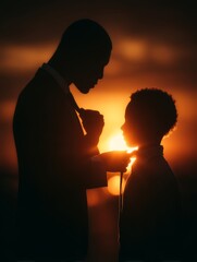 Heartwarming Moment of Dad Tying Tie on Son at Sunset for Father's Day Celebration