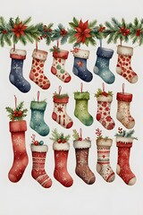 Advent calendar-style stockings for counting down to christmas in watercolor style
