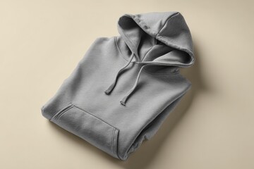 Folded Athletic Grey Hoodie Mockup on Cream Background for Custom Design