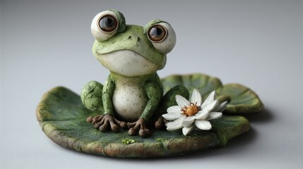 Whimsical Green Clay Frog on Lily Pad with Flower Sculpture