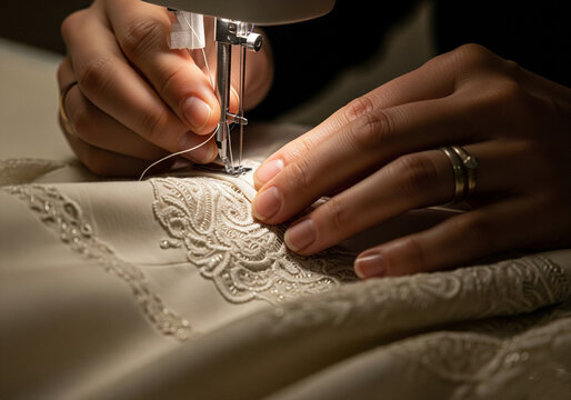 Hands sewing a luxury garment with precision