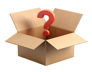 3D Open Cardboard Box with Floating Question Mark Bubble  Transparent PNG
