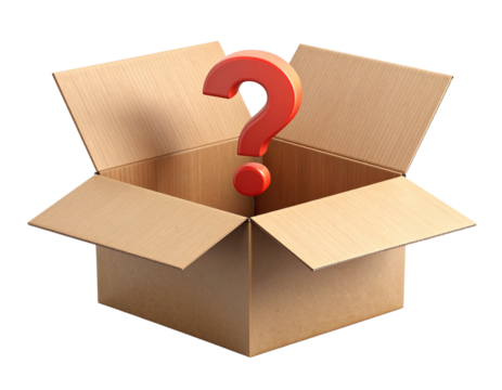3D Open Cardboard Box with Floating Question Mark Bubble  Transparent PNG