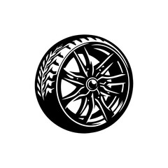 Detailed black and white illustration of car wheel with tire isolated on white background. Transportation concept