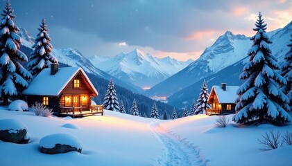 Fototapeta premium Serene snowy landscape with cozy cottages and festive trees , holiday, wallpaper, snowflakes