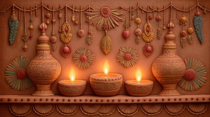 Diwali Celebration with Glowing Clay Diya Lamps and Decorative Garlands
