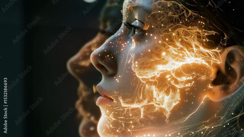 Poster Mesmerizing digital art blending human features with vibrant light patterns in a modern creative space