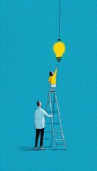 Father and Child Changing Lightbulb on Ladder in Vector Illustration
