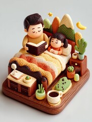 Charming 3D Clay Scene of Dad Reading Bedtime Story to Child in Cozy Bedroom Setting