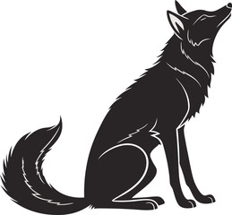 Black silhouette of a wolf sitting and howling with its head raised up against a white background