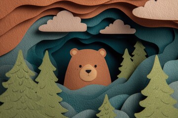 Cute Bear Peeking from Paper Cave with Pine Trees and Cloudy Sky