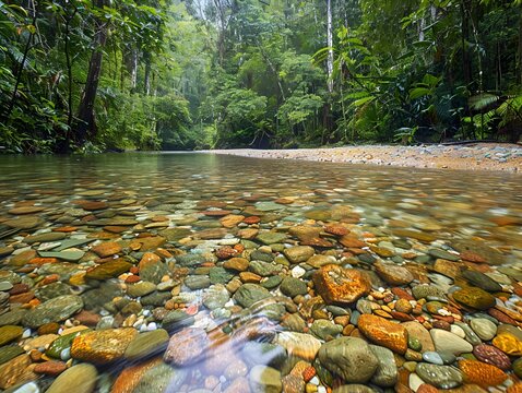 A clear river flowing through a dense forest, showcasing the importance of clean water and healthy ecosystems for Earth Day. 40k, full ultra hd, high resolution