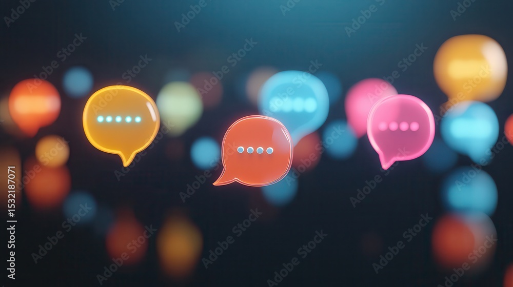 Poster colorful speech bubbles with ellipsis floating against a blurred bokeh background display
