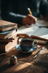 Cozy Morning Scene of Journaling with Coffee and Books