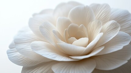 Close-up of ivory camellia highlighting delicate petals and soft texture on pure white background, serene floral beauty with natural lighting for luxury packaging, wedding invitations, skincare ads or