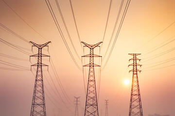 High voltage electricity tower landscape at sunset