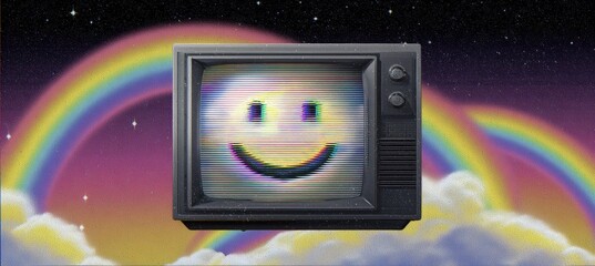 Retro CRT Screen with Pixel Smiley and Rainbow Glitch in Space