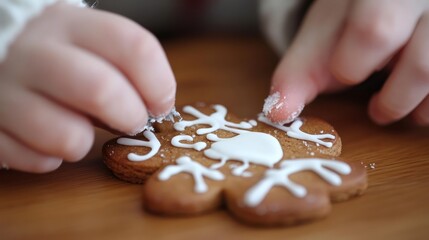 Child's hands decorating a gingerbread cookie