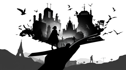 Fototapeta premium Composite trend artwork sketch image 3d photo collage of huge black white silhouette hand hold book immerse yourself in new world fantasy imagination inspiration