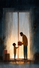 Illustrated Father and Child Gift Exchange by Rainy Window