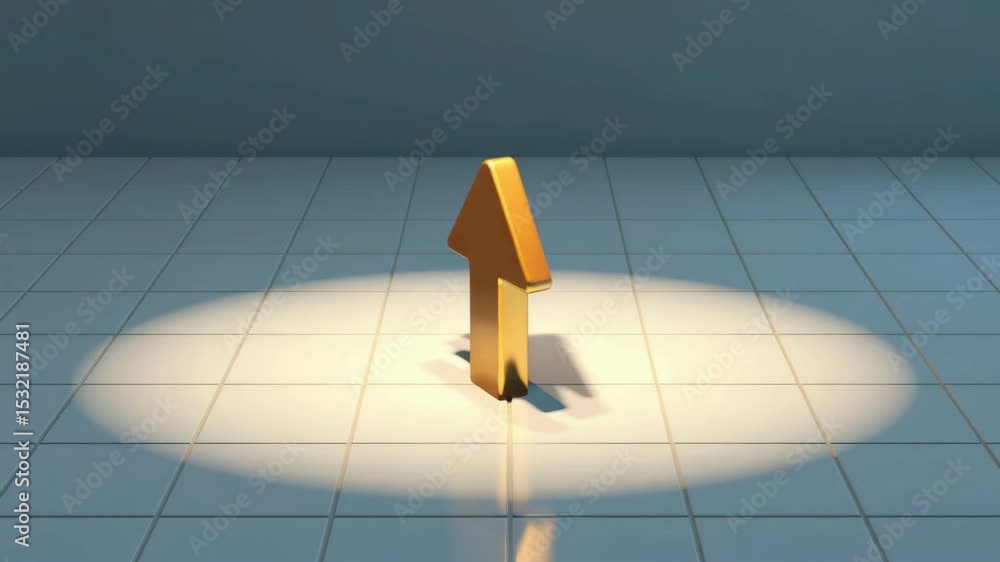 Poster a golden upward arrow stands illuminated by a spotlight on a tiled floor in a minimalistic setting.