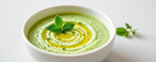 cold cucumber gazpacho in a white bowl, topped with mint and olive oil, minimal background, high end summer culinary presentation.
