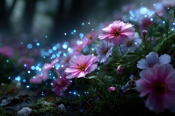 Blooming flowers illuminated by glowing lights in a serene woodland setting