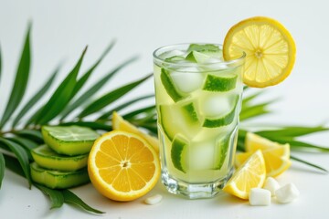 Fototapeta premium chilled aloe vera drink with floating aloe cubes and lemon slices, bright and clear summer beverage, spa like presentation with tropical leaves.