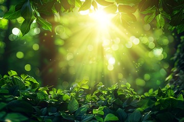 A vibrant Earth Day concept featuring a lush green forest with sunlight filtering through the trees, symbolizing eco-friendliness and environmental protection. 40k, full ultra hd, high resolution