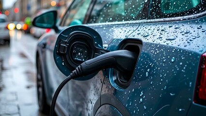 Charging an electric car on a rainy day embracing sustainable urban transport on a reflective street