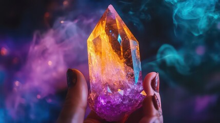 Hand holding a vibrant crystal with orange and purple hues against a colorful smoky background