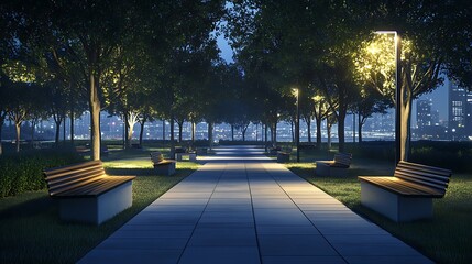 Serene Evening Walkway City Park Bench Trees Night Lights Landscape