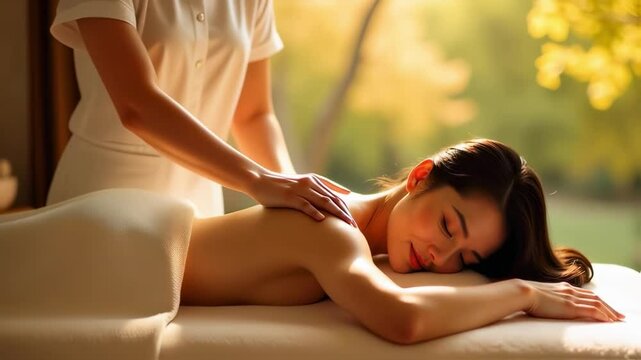 Thai girl. Warm sunlight. Covered with a towel to the waist. young woman relaxing in spa salon, masage