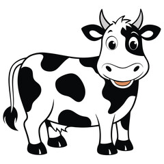 Adorable cartoon cow happily stands with a black and white pattern, a cheerful farm animal
