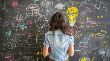Creative woman brainstorming ideas in front of a colorful chalkboard filled with drawings and diagrams during a collaborative session in a modern classroom setting