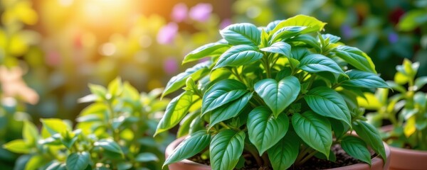 lush basil plant thriving in full sun with broad, fragrant leaves, glowing under warm summer light, planted in terracotta pot, surrounded by herbs.