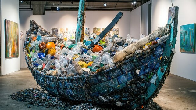 Ocean plastic waste turned into recycled art installations using collected debris, sustainable materials, creative upcycling, and awareness-raising environmental visual expression