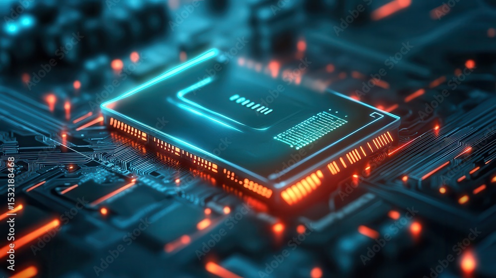 Poster close up view of a computer chip on a circuit board with glowing blue and orange light effects