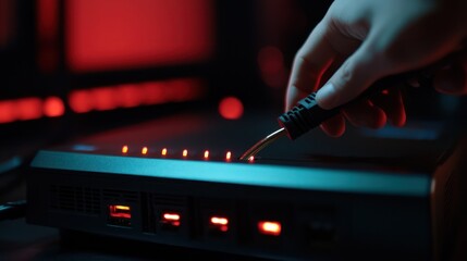 Hand connecting power cord to device in dark room