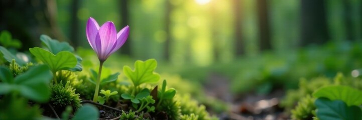 Delicate purple bloom unfolds amidst forest floor greenery, green, leaves, cute