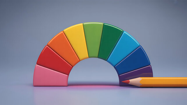 Colorful rainbow illustration with a yellow pencil depicting concepts of education and creativity