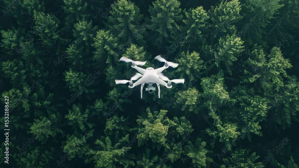 Poster exploring a lush green forest from above with a drone capturing breathtaking aerial views of the tre