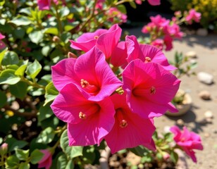 bougainvillea blooming vibrantly in hot sun, bright pink petals glowing, desert like garden setting, heat tolerant beauty.